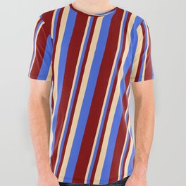 [ Thumbnail: Tan, Royal Blue, and Maroon Colored Lines Pattern All Over Graphic Tee ]