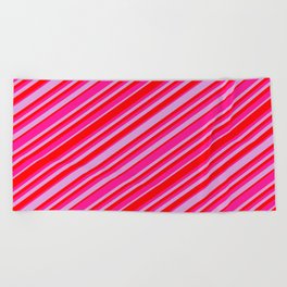 [ Thumbnail: Plum, Red & Deep Pink Colored Lined/Striped Pattern Beach Towel ]