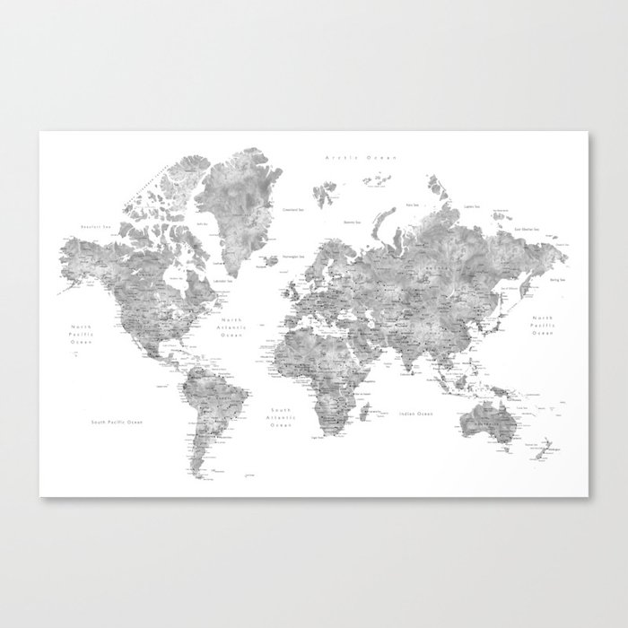 Grayscale watercolor world map with cities Canvas Print