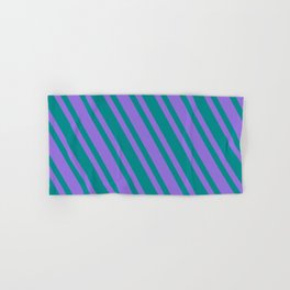 [ Thumbnail: Dark Cyan & Purple Colored Lined/Striped Pattern Hand & Bath Towel ]