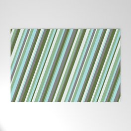 [ Thumbnail: Vibrant Dark Olive Green, Mint Cream, Dark Sea Green, Turquoise & Grey Colored Stripes Pattern Welcome Mat ]