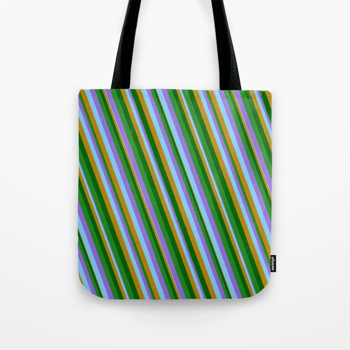 Vibrant Purple, Light Sky Blue, Dark Goldenrod, Dark Green, and Forest Green Colored Lines Pattern Tote Bag