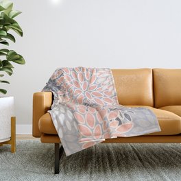Flowers Abstract Print, Coral, Peach, Gray Throw Blanket