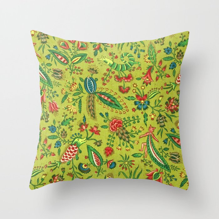 Chartreuse Vintage French Floral Fantasy Animals Throw Pillow