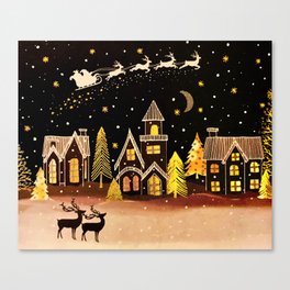 Gold Christmas Village Deer Winter Night  Canvas Print