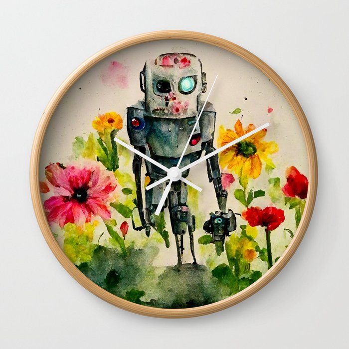 Robot walking through flowers Wall Clock