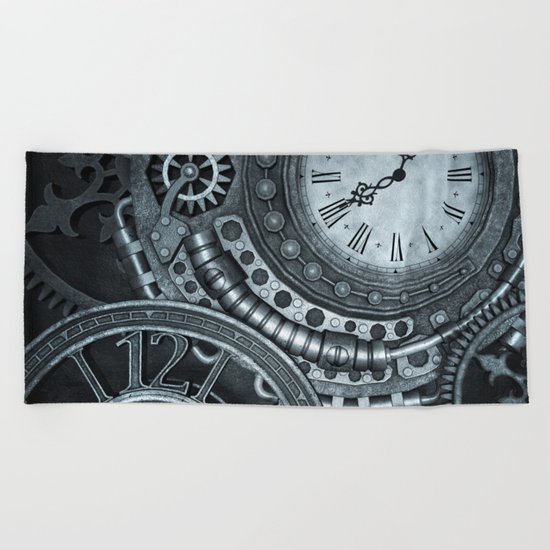 Silver Steampunk Clockwork Beach Towel
