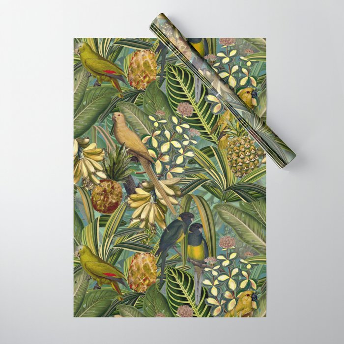 Vintage & Shabby Chic - Green Tropical Bird Flower Garden Wrapping Paper
