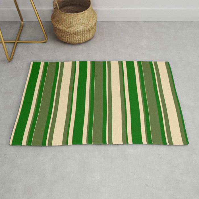 Dark Olive Green, Tan, and Dark Green Colored Lined/Striped Pattern Rug