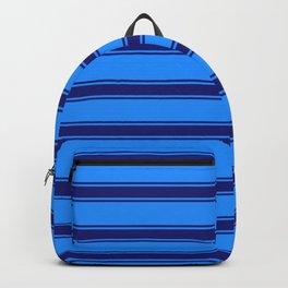 [ Thumbnail: Blue and Midnight Blue Colored Lined/Striped Pattern Backpack ]