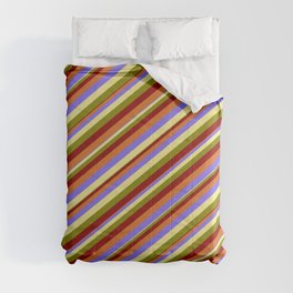 [ Thumbnail: Eyecatching Medium Slate Blue, Tan, Green, Dark Red & Chocolate Colored Striped/Lined Pattern Comforter ]