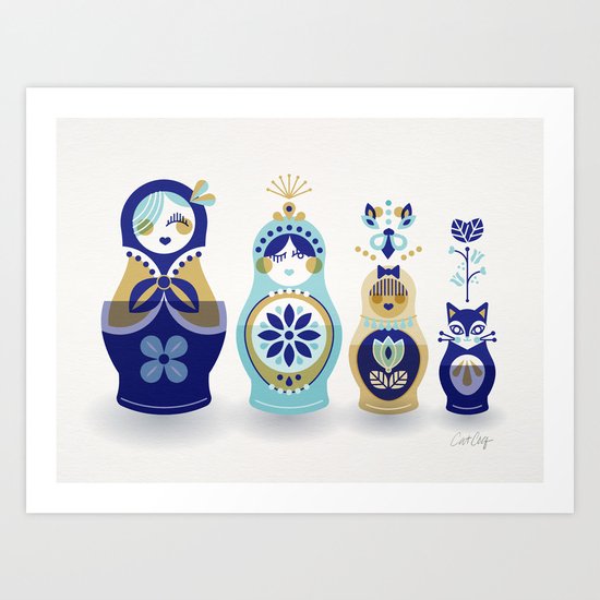 Russian Nesting Dolls – Blue & Gold Art Print