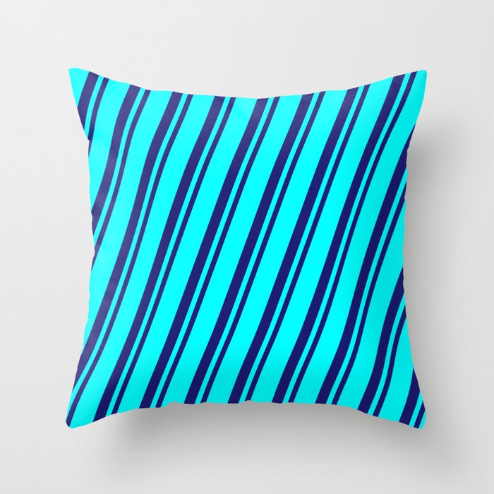 Cyan & Midnight Blue Colored Striped/Lined Pattern Throw Pillow