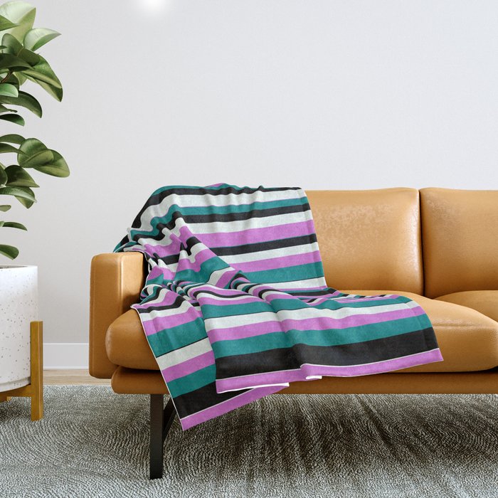 Orchid, Teal, Black, and Mint Cream Colored Striped/Lined Pattern Throw Blanket