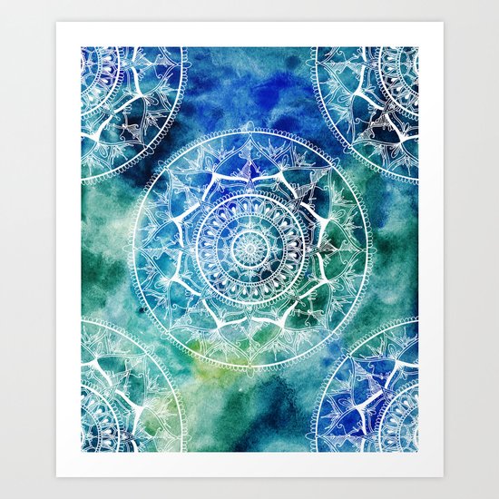 White Circle Mandala on Blue Watercolour Art Print