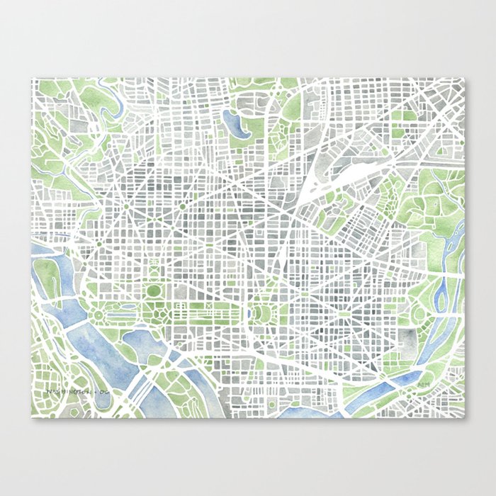 Washington DC Map watercolor gray green blue Canvas Print