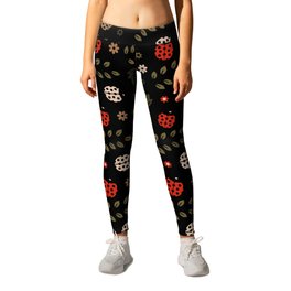 Ladybug and Floral Seamless Pattern on Black Background  Leggings