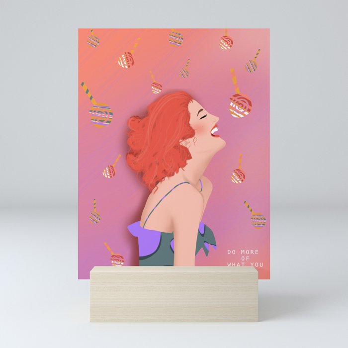 Do more of what you love Typographie - Pink Lollipop Woman Portrait Illustration Mini Art Print