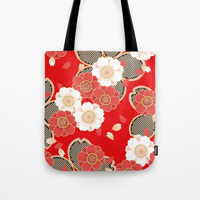 Japanese Vintage Red Black White Floral Kimono Pattern Tote Bag by Vicky  Brago-Mitchell®