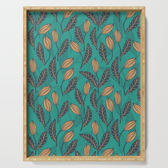 Abstract Organic Flowers Pattern in Charcoal, Teal and Orange Serving Tray