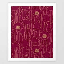 Poppies in Red and Gold, Poppy Pattern Art Print