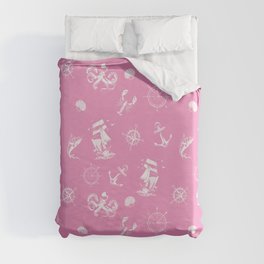 Pink And White Silhouettes Of Vintage Nautical Pattern Duvet Cover