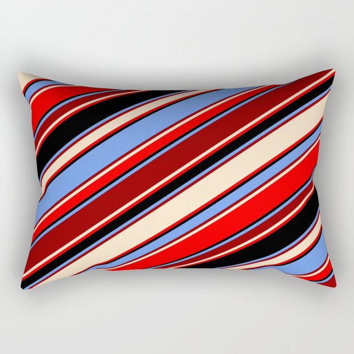 Cornflower Blue, Dark Red, Bisque, Red & Black Colored Stripes Pattern Rectangular Pillow