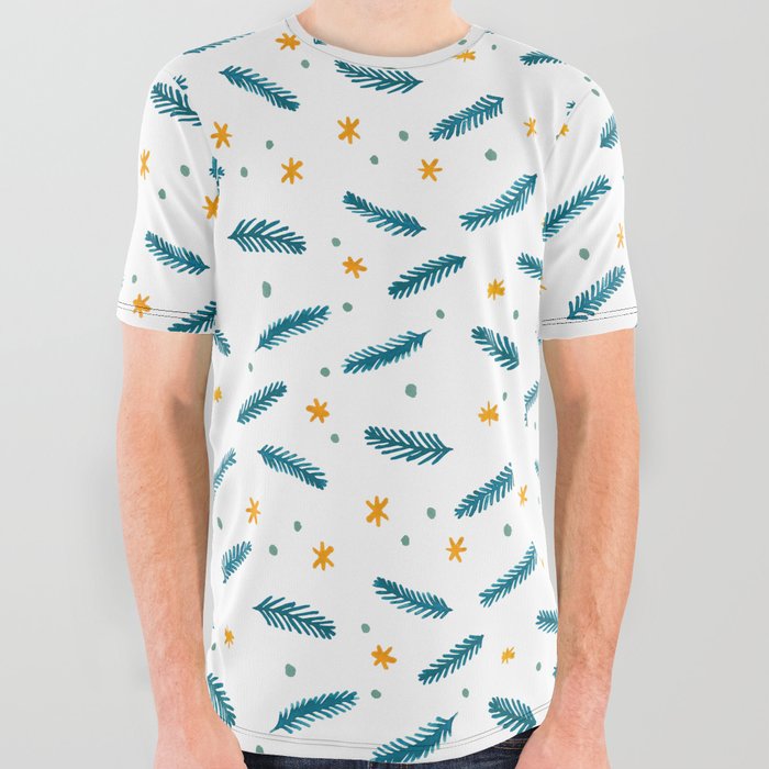 Christmas branches and stars - blue and yellow All Over Graphic Tee