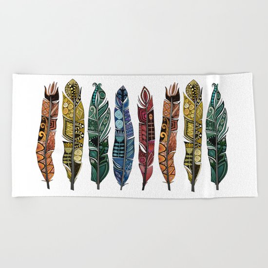 boho rainbow feathers Beach Towel