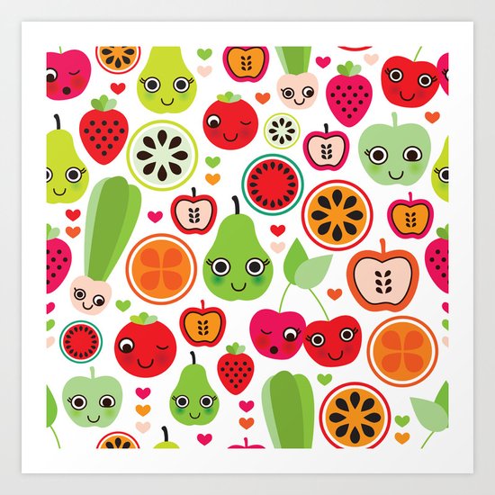 Colorful fruit cartoon characters illustration pattern Art Print