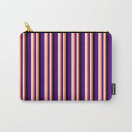 [ Thumbnail: Red, Beige, Indigo, and Black Colored Stripes Pattern Carry-All Pouch ]