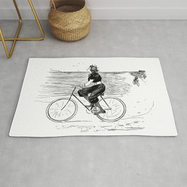 Beautiful girl ride bicycle on the beach - vintage black and white drawing illustration Rug