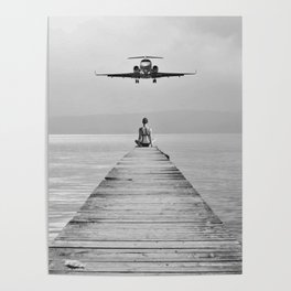 Steady As She Goes 6; aircraft coming in for an island landing female in bikini black and white photography - photographs - photograph Poster