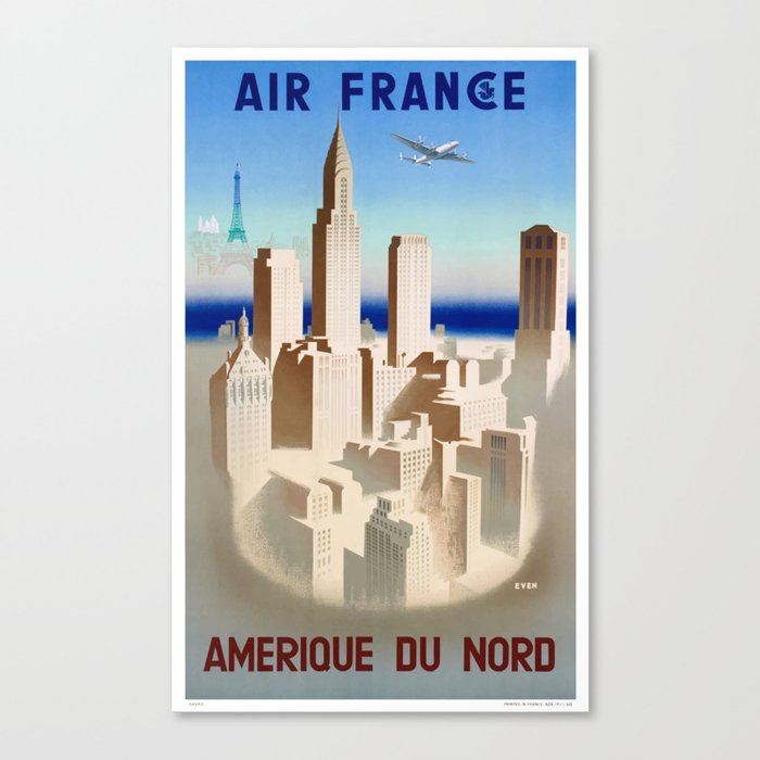 1950 NORTH AMERICA Air France Travel Poster Canvas Print