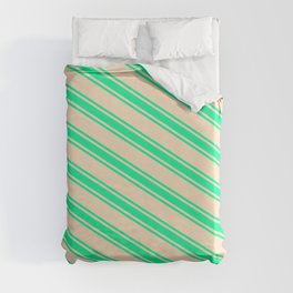 [ Thumbnail: Bisque & Green Colored Lines Pattern Duvet Cover ]
