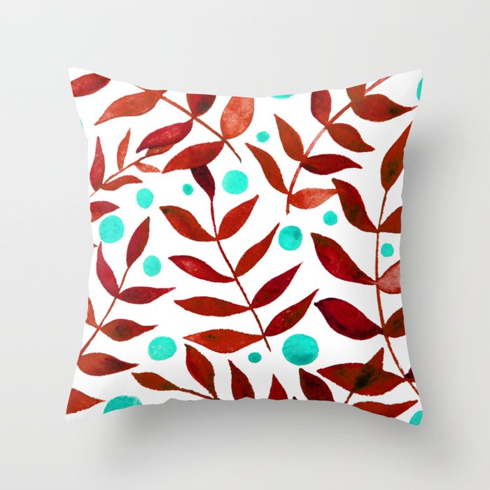 Watercolor berries and branches red and turquoise Throw Pillow