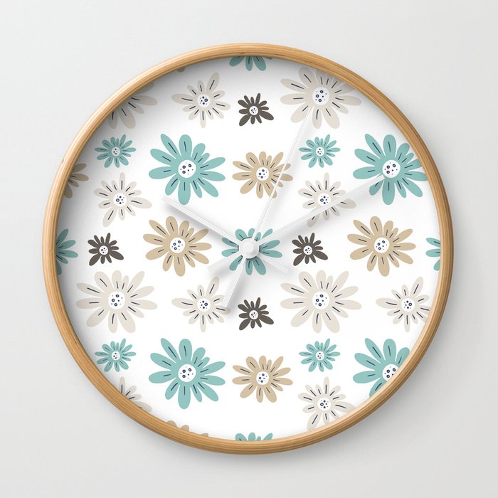 Aquaverde Floral Pattern Brown Soft Blue Green on White Wall Clock