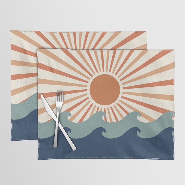 Retro, Sun and Wave Art, Blue and Orange Placemat