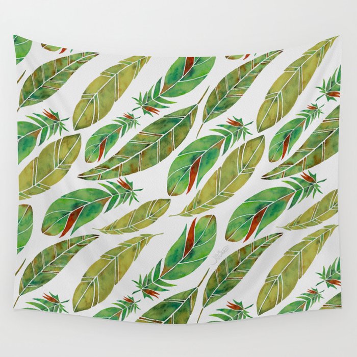 Watercolor Feathers - Green Parrot Pattern Wall Tapestry