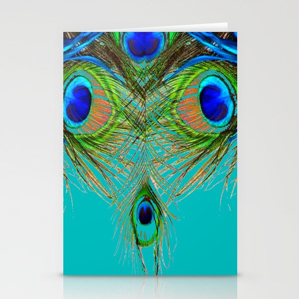 TURQUOISE BLUE-GREEN PEACOCK FEATHERS ART Stationery Cards