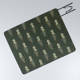 Vintage Blooming Yellow Asphodel Botanical Pattern on Mallard Green Picnic Blanket