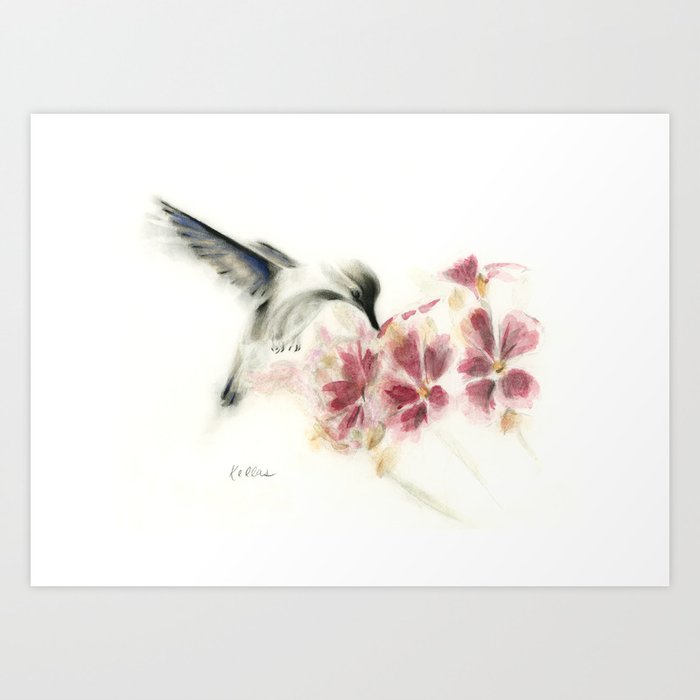 Hummingbird with flowers Art Print