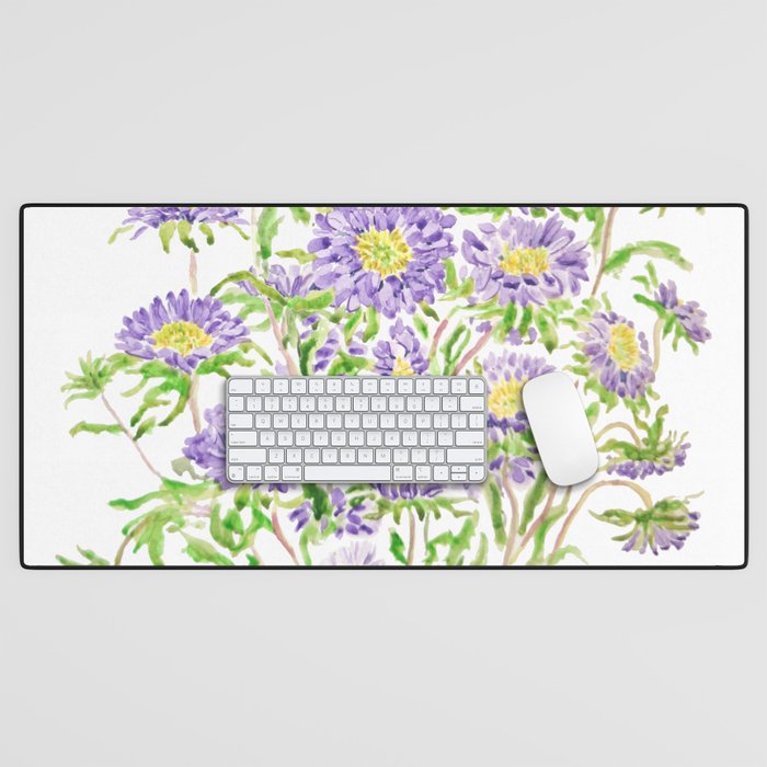 purple aster flowers watercolor Desk Mat