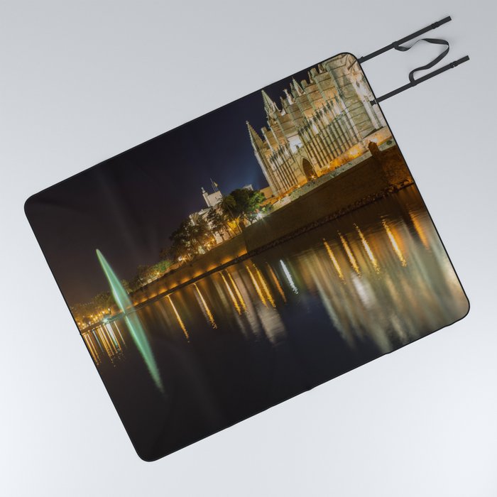 Spain Photography - Catedral Basílica Lit Up In The Night Picnic Blanket