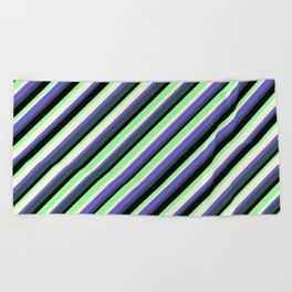 [ Thumbnail: Colorful Beige, Slate Blue, Dark Slate Gray, Black & Green Colored Lined/Striped Pattern Beach Towel ]