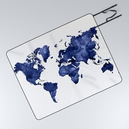 Dark navy blue watercolor world map Picnic Blanket