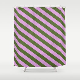 [ Thumbnail: Plum & Dark Olive Green Colored Lines/Stripes Pattern Shower Curtain ]