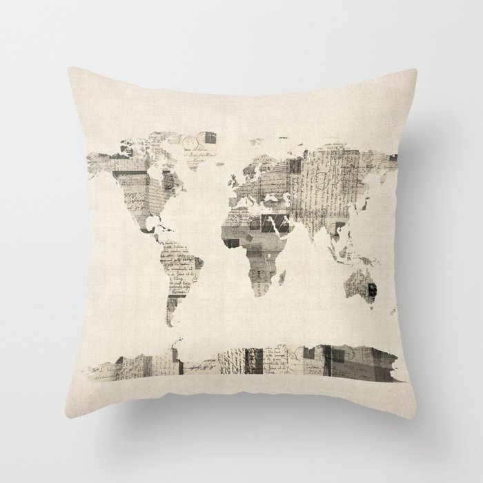 Map of the World Map from Old Postcards Throw Pillow