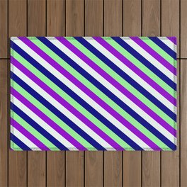 [ Thumbnail: Green, Dark Violet, Mint Cream, and Blue Colored Lines/Stripes Pattern Outdoor Rug ]