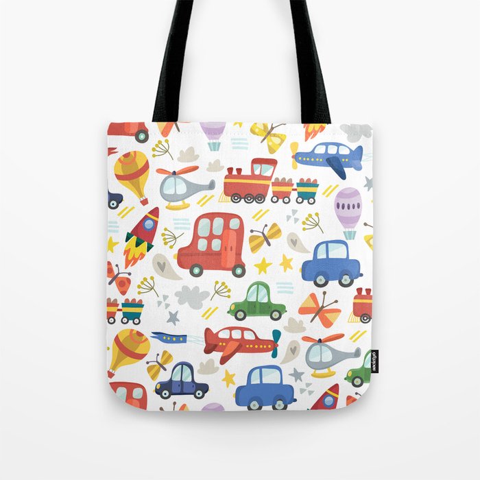 Transportation Pattern with Planes, Cars, Helicopters, and Hot Air Balloons. Tote Bag